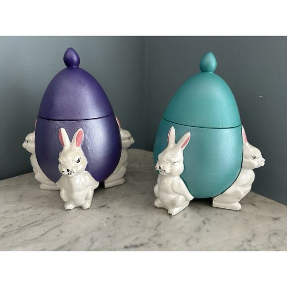 (2) 1960s Ceramic Easter Egg Candy Jar Hand Painted Bunnies Rabbits Purple Teal - Picture 2 of 16